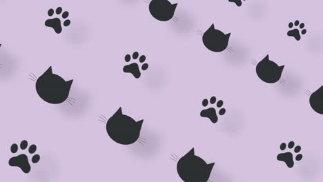 colorful pattern of black cat heads and paws on purple background with shadows. seamless pattern with cat paw and faces. animal silhouette. 4k video motion