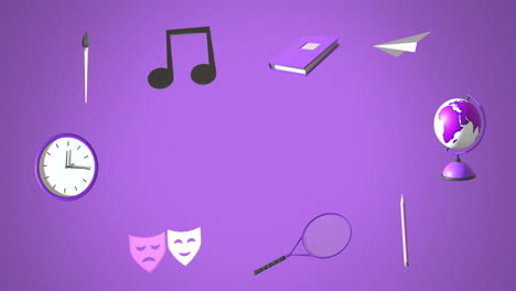 animación de iconos educativos con espacio de copia sobre fondo púrpura