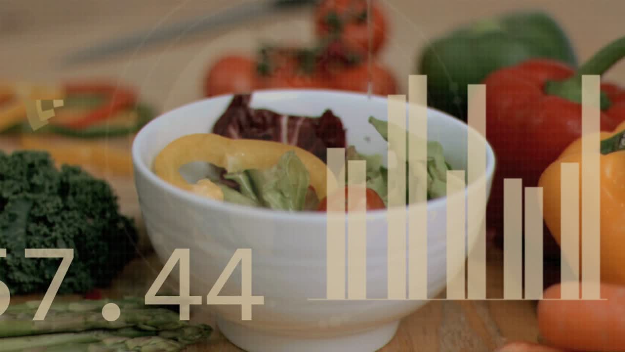 Sovrapposizione numerica che appare sopra una ciotola, con statistiche e grafici che raccolgono e analizzano dati alimentari per la dieta