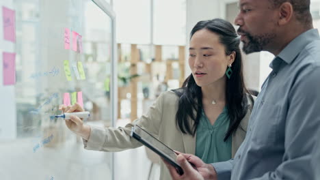 asian woman, coach and writing on glass for team