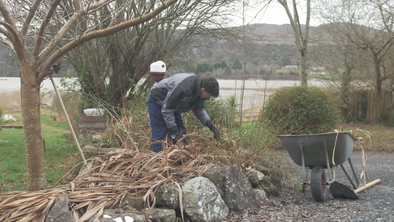 Ung mann driver med hagearbeid og fjerner døde planter fra en hage på landet