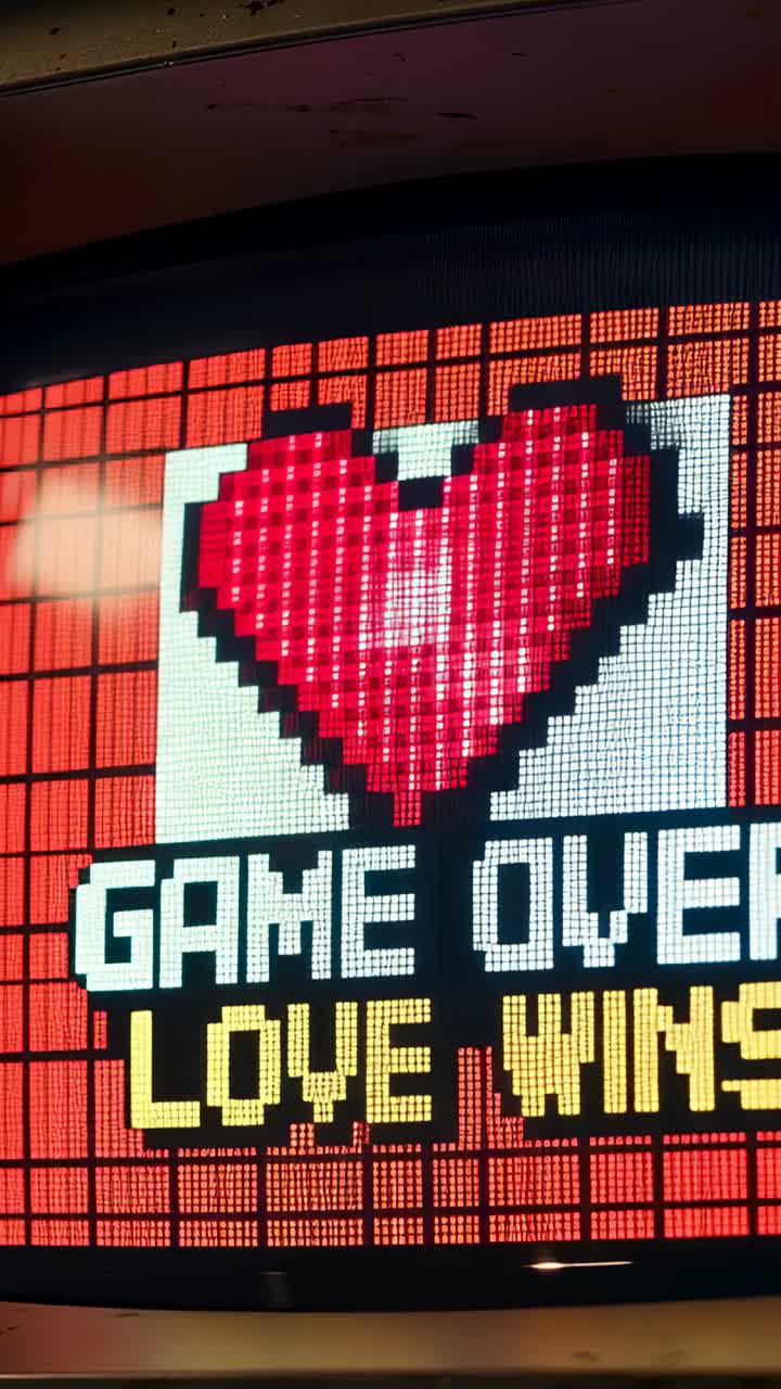 Video verticale: visualizzazione di un cuore pixelato su display LED dopo un flash, che mostra GAME OVER, LOVE WINS