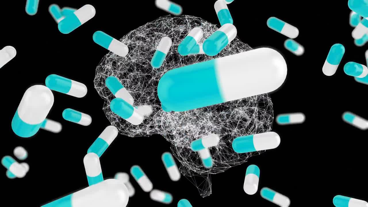 여러 개의 알약이 인간의 뇌에 떨어지고 검은 바탕에 회전합니다.