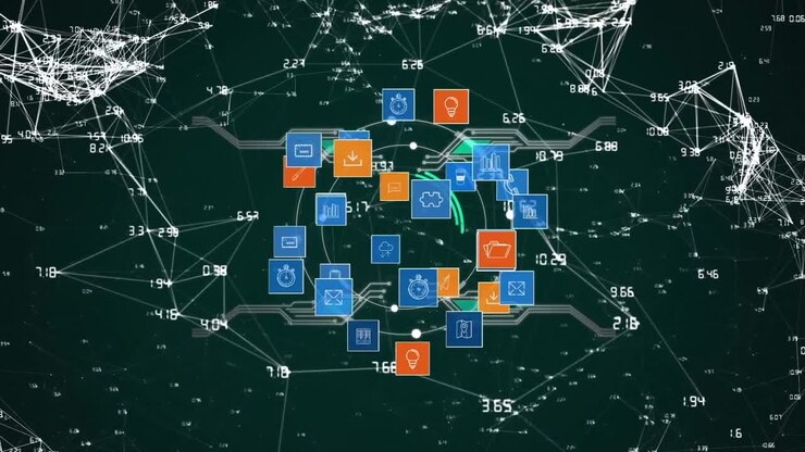 Animation of icons forming globe over circles against connected dots with numbers in background