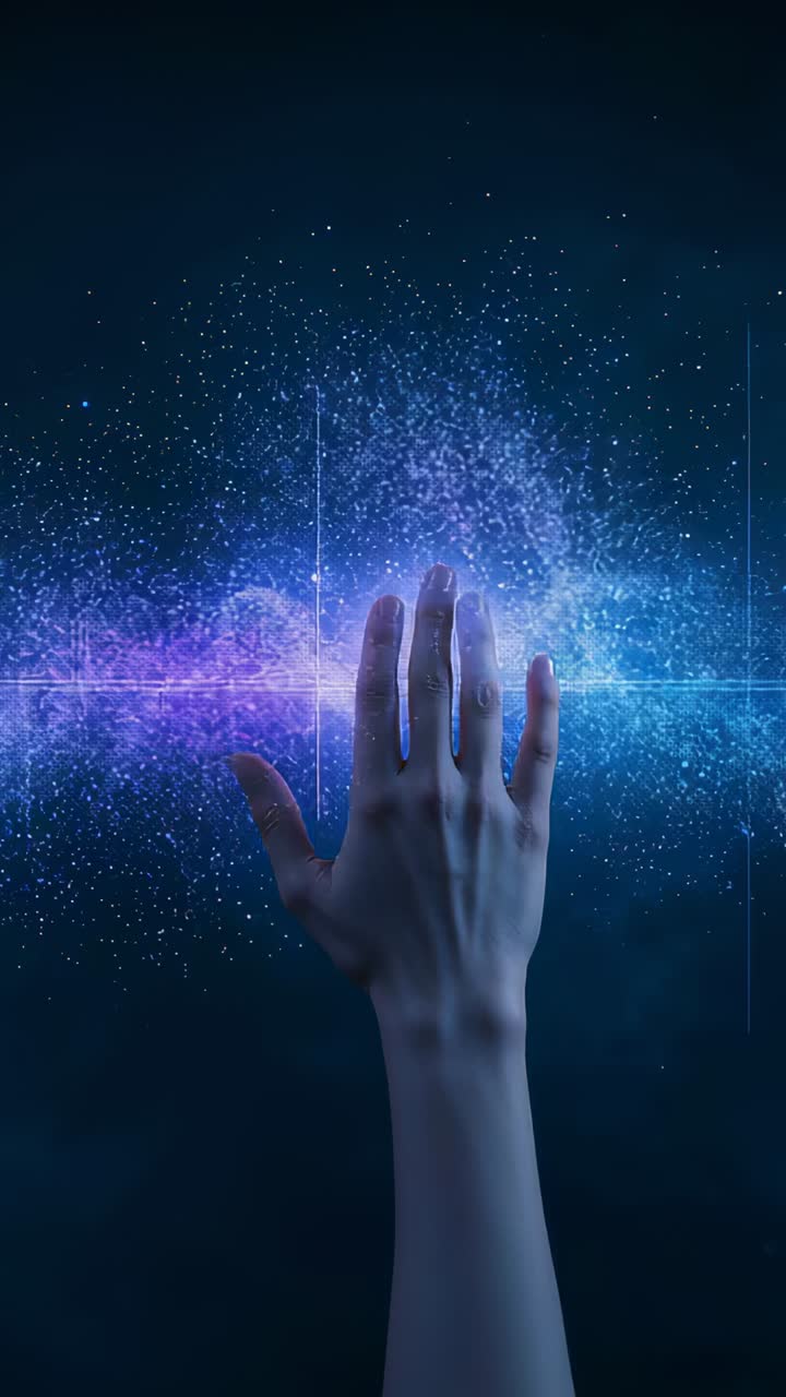 Vertical video: Reaching bare arm and hand entering particle field, activating bright pink core