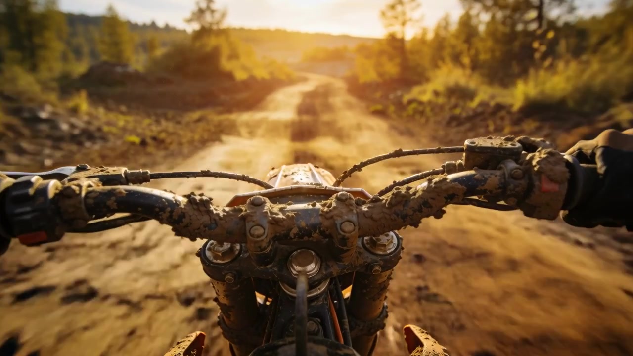 Motociclista fuoristrada che dà gas, diretto verso il tramonto su un sentiero forestale fangoso, mani guantate che sterzano