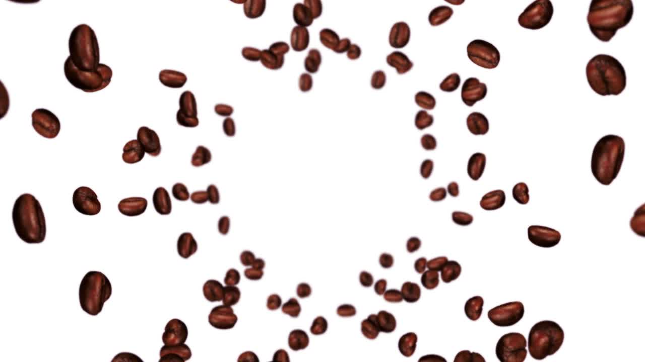 Molti chicchi di caffè che volano su sfondo bianco. Bevanda alla caffeina, Colazione, Aroma. Animazione 3D di chicchi di caffè tostati che ruotano. Animazione in loop
