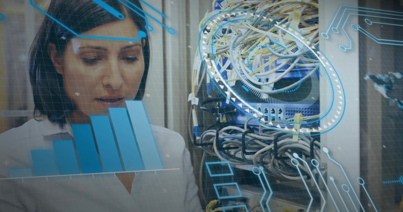 IT Technician Monitoring Server Network with Digital Data Overlay