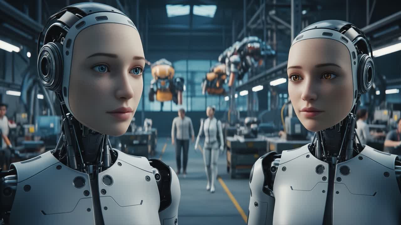 A Glimpse into the Future of Robotics: Two Human-like Robots in a High-tech Manufacturing Facility with Workers and Advanced Machinery Background