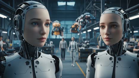 a glimpse into the future of robotics: two human-like robots in a high-tech manufacturing facility with workers and advanced machinery background