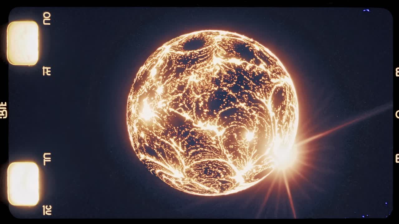 A glowing, abstract sphere with intricate patterns and bright light