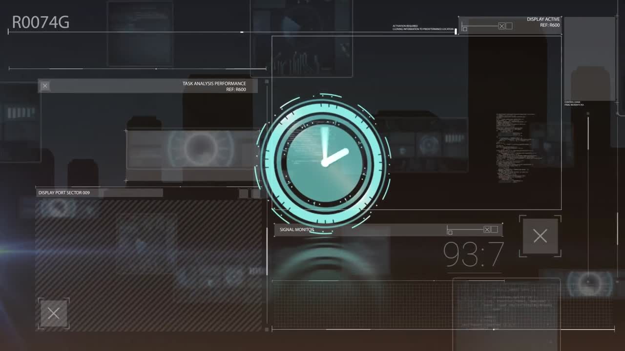 animación del reloj de neón y interfaz con procesamiento de datos contra la vista aérea del paisaje urbano.