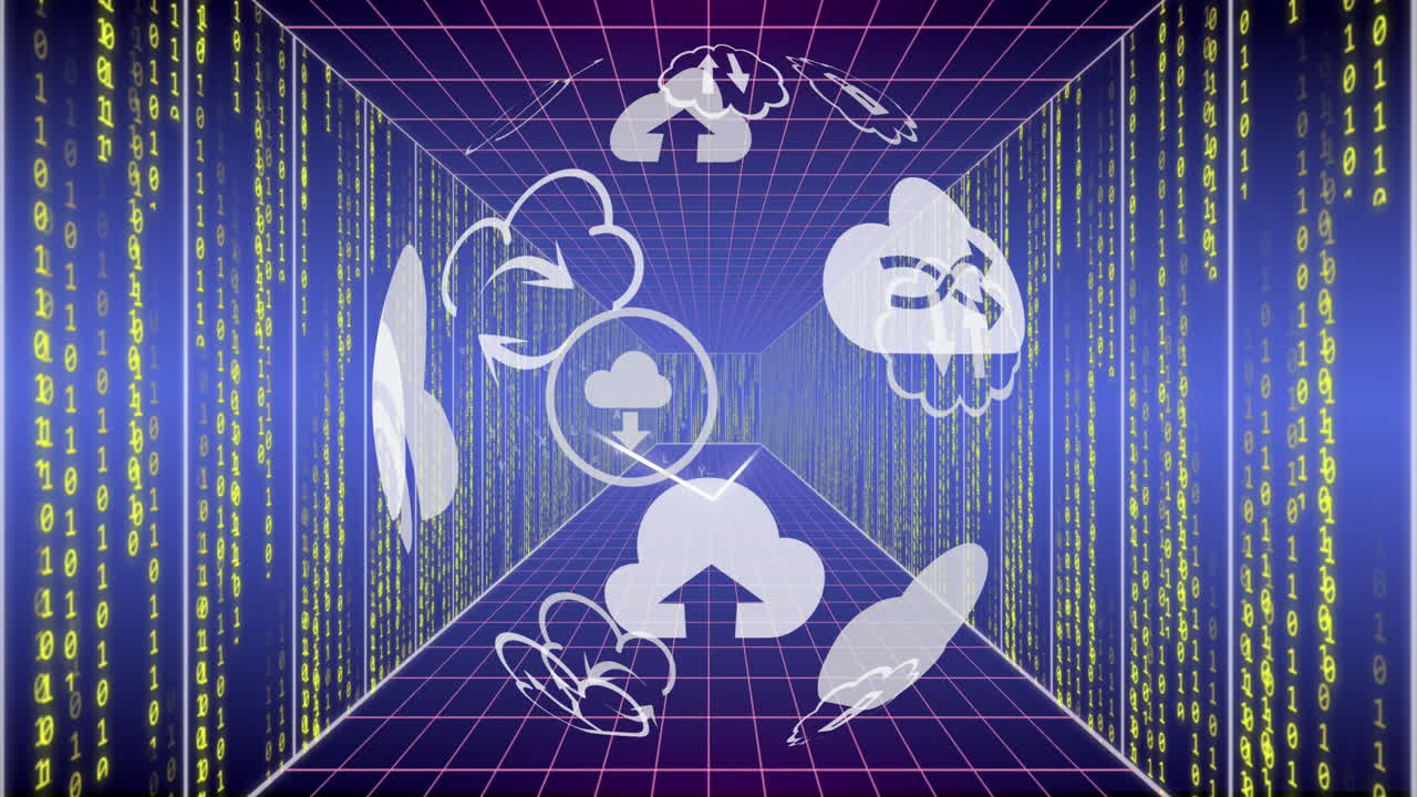 animación del globo con iconos de nubes y procesamiento de datos a través de servidores informáticos.