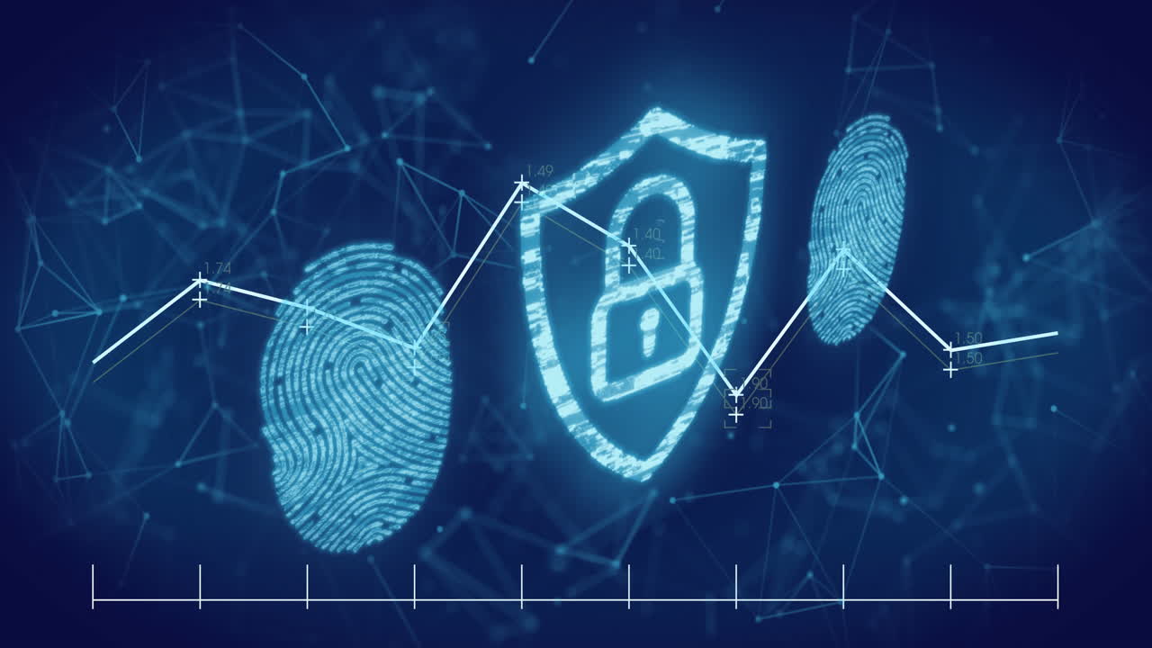 Animation of data processing and padlock over shapes and fingerprints