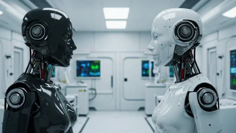 a thought-provoking meeting of two advanced robots in a futuristic laboratory environment, exploring the intersection of technology and humanity