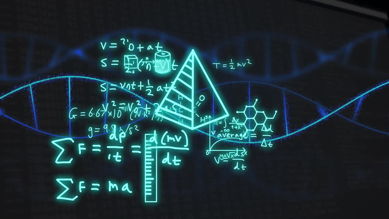 Animation of dna strand and scientific data processing over black background