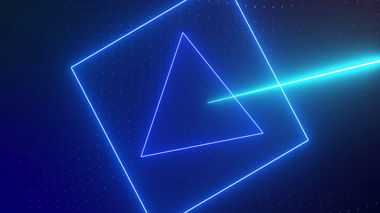animación de formas de neón azules giratorias con rayos láser azules y púrpuras en fondo oscuro