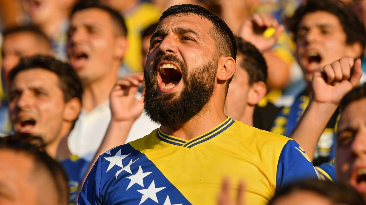 Aficionado gritando con camiseta amarilla y estrellas blancas coreando en las gradas con otros aficionados levantando los brazos y animando.