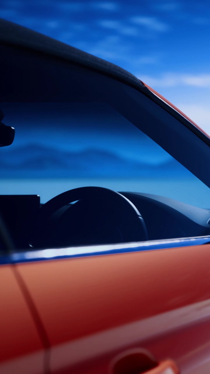 Interni dell'auto con volante su sfondo di cielo blu