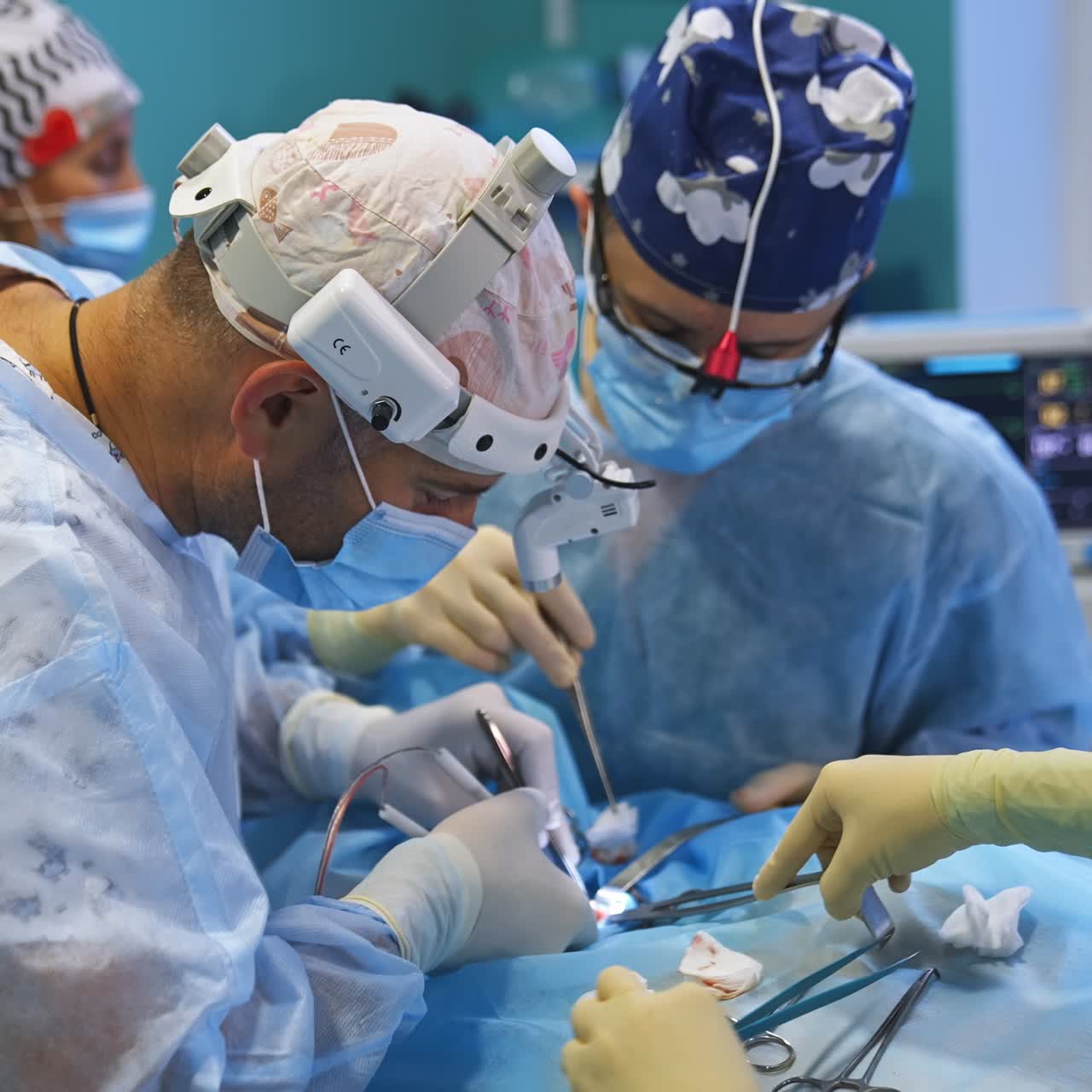 Three people participating in surgical operation at once. One surgeon acts with tools while others holding sponge and instruments to help him