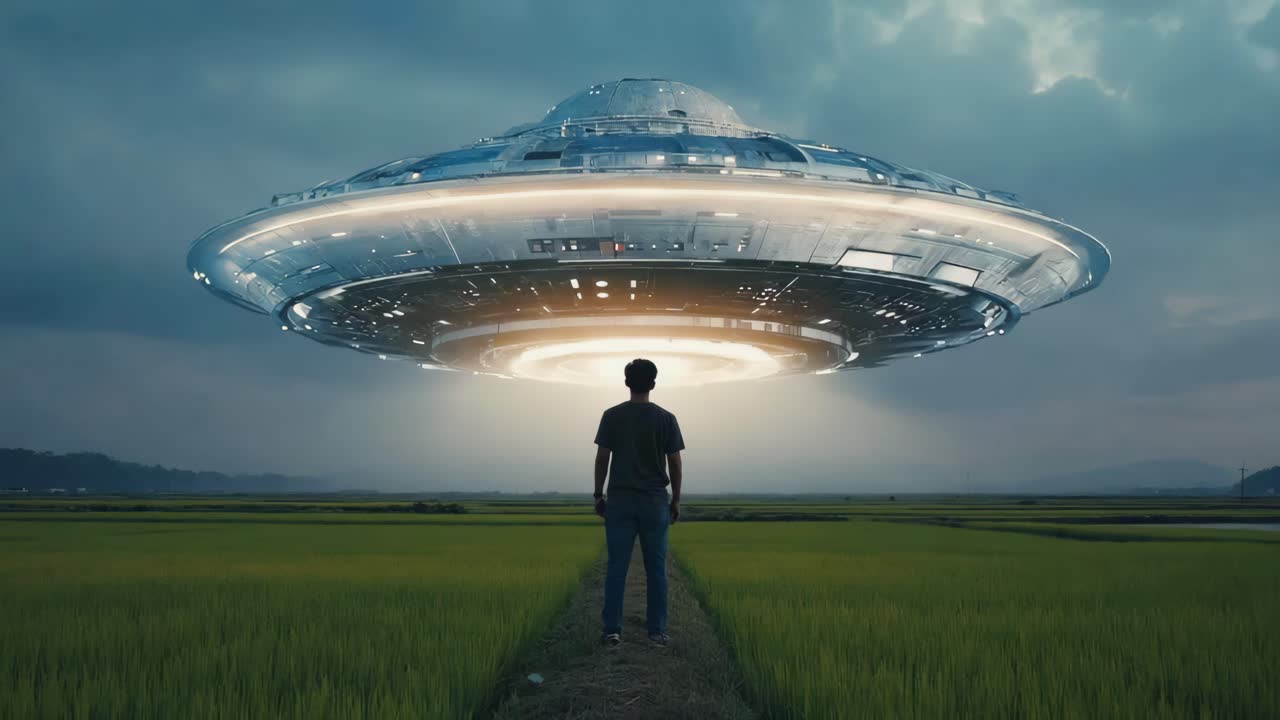 A Man Encountering a UFO in a Field