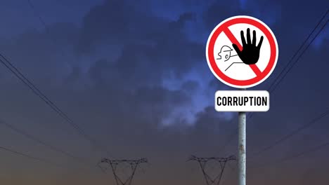 signboard post with stop corruption text against dark clouds in the sky