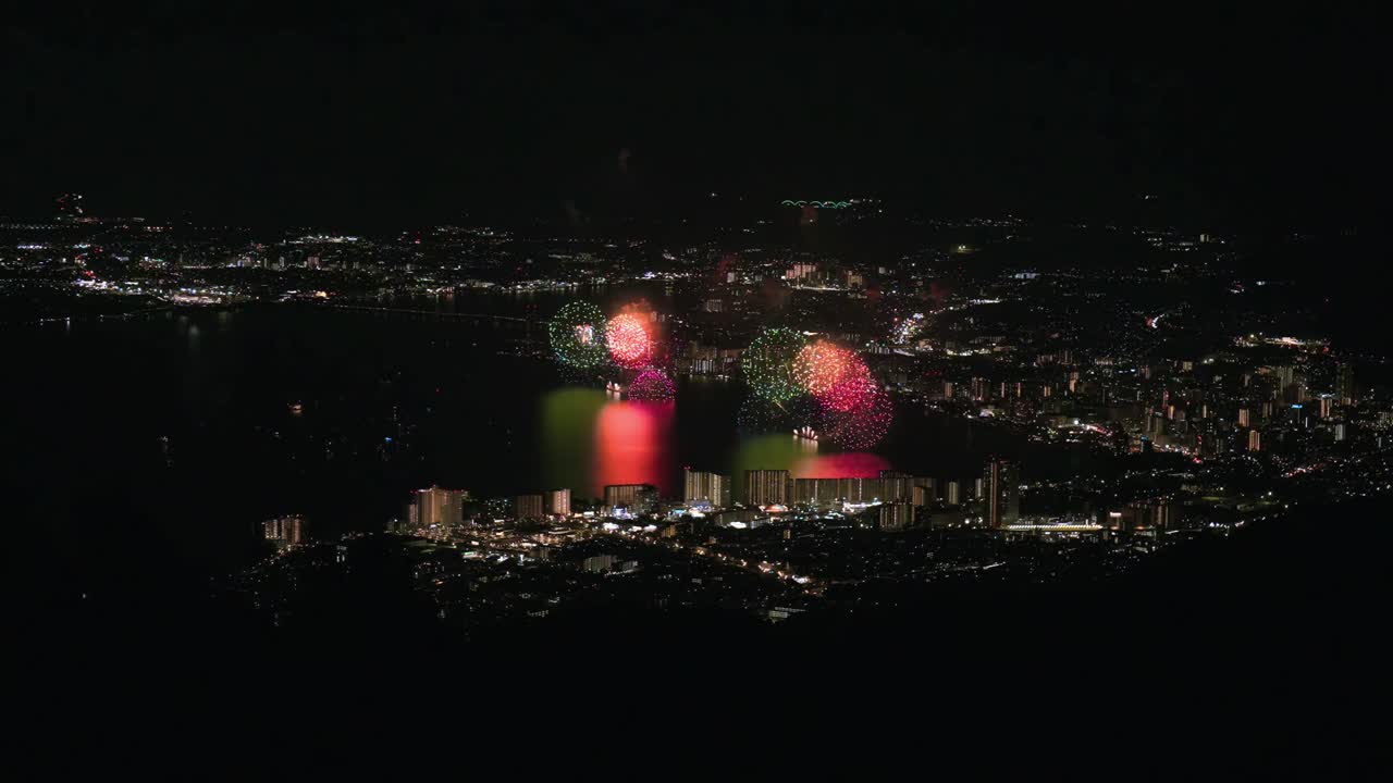 Stunning drone video captures vibrant fireworks illuminating the night sky over an Italian city. The bright explosions reflect beautifully on the water, creating a mesmerizing scene