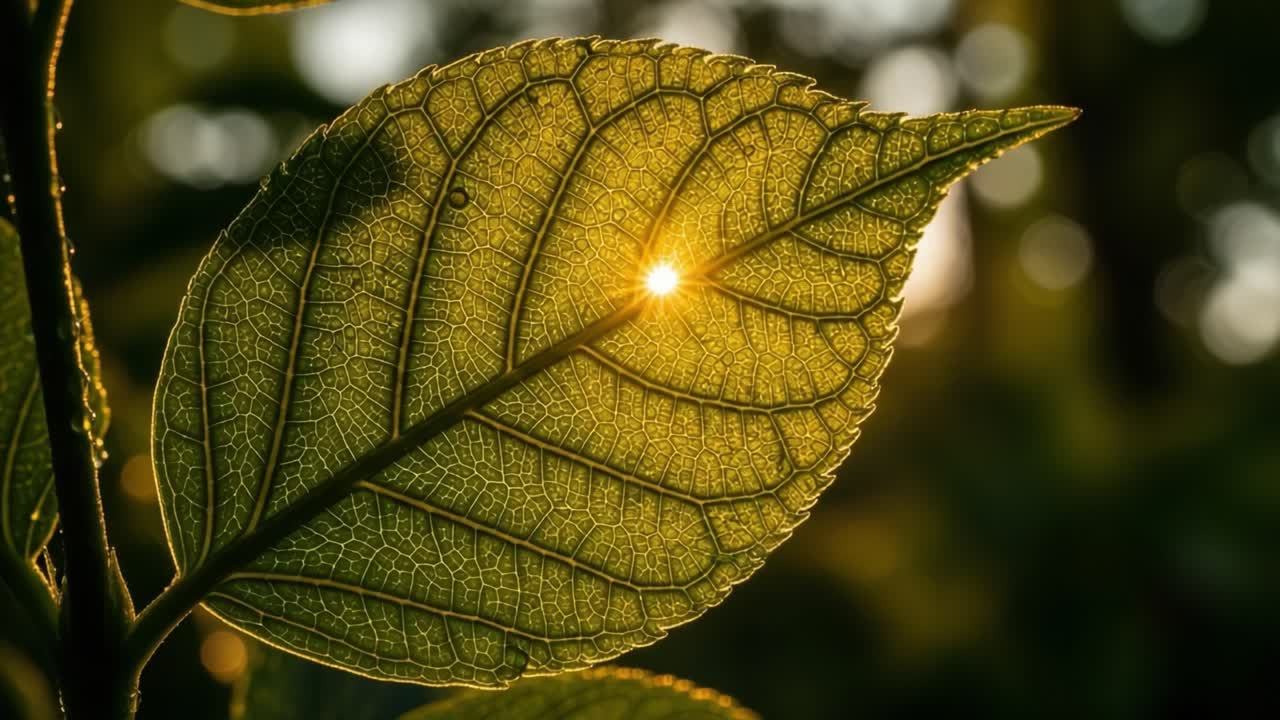 A Beautiful Close-Up of a Leaf Illuminated by Sunlight, Showcasing Nature's Intricate Patterns and the Serenity of the Natural World in the Background
