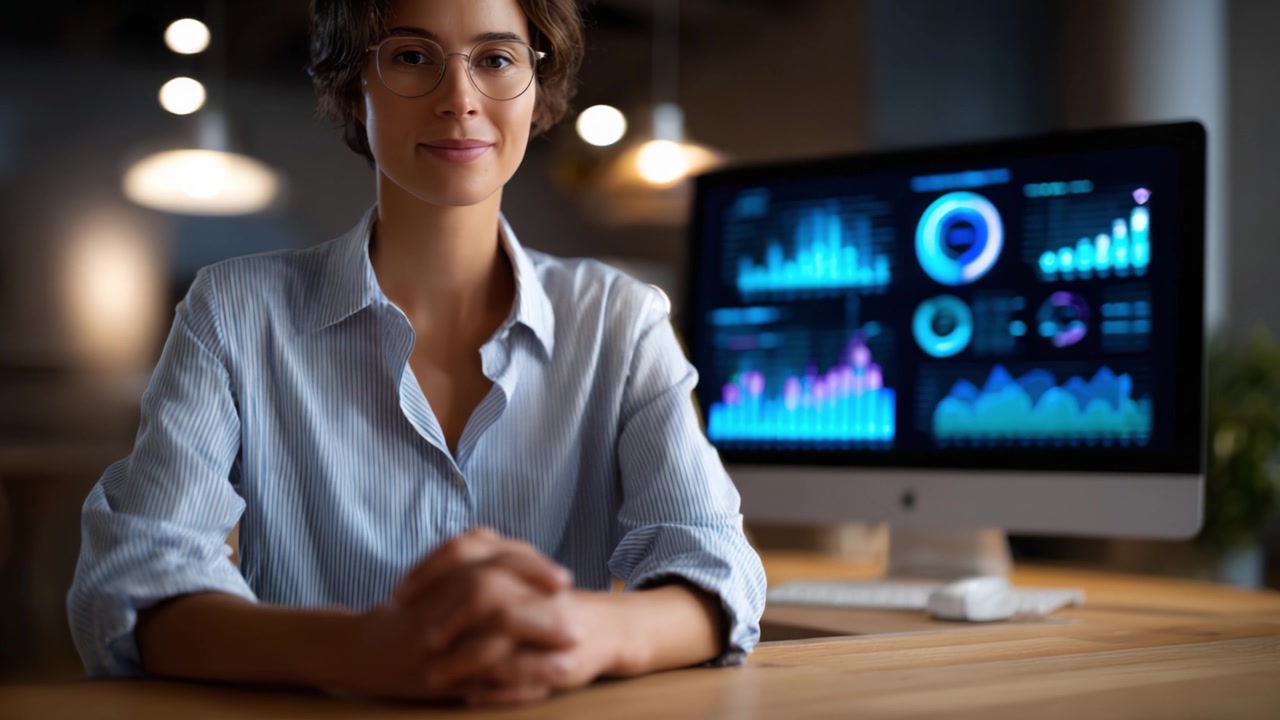 Focused professional analyzing data on computer screen while seated at a wooden desk, showcasing visual graphs and trends in a modern workspace environment.