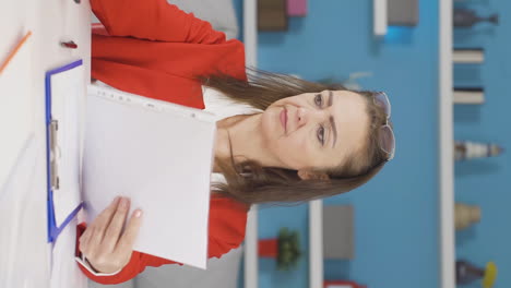 Vertical-video-of-Home-office-worker-woman-working-relaxed-and-peacefully.