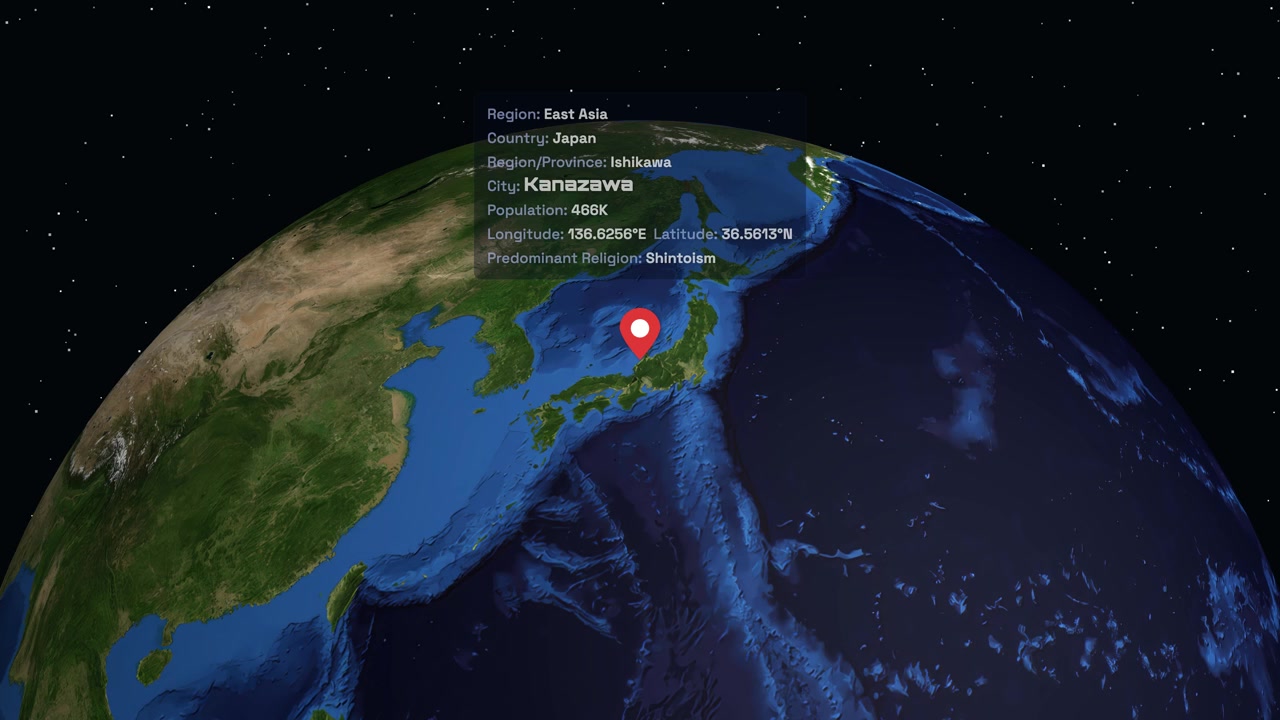 Digital globe rotates and zooms into Kanazawa Japan with data overlay and location pin