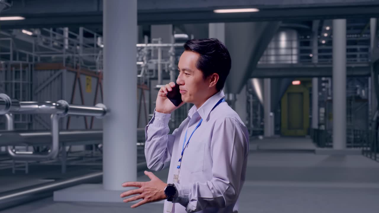Vista lateral de un trabajador profesional asiático de pie en el interior de una destilería con grandes tanques de fermentación, coge el teléfono y comienza a hablar por él con una ligera sonrisa.