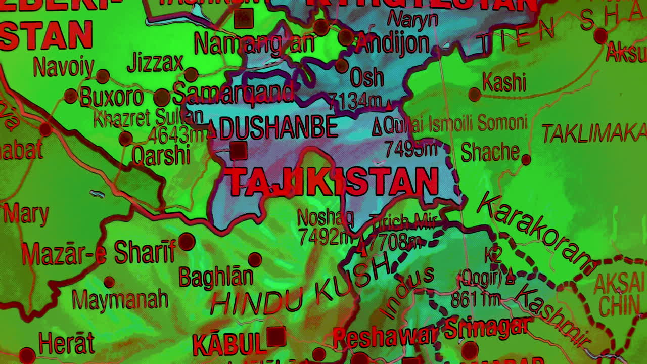 Close-up Map of Central Asia Centered on Tajikistan