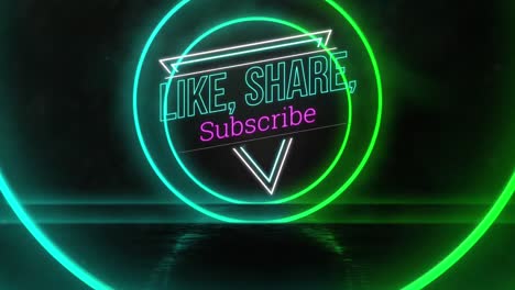 animation of like share subscribe text over neon circles on black background