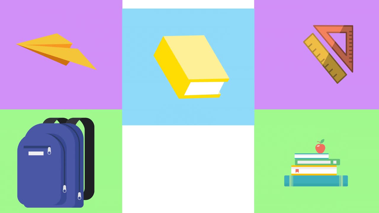 ⁇ 색 배경에 움직이는 학교 용품과 함께 다채로운 직사각형의 애니메이션
