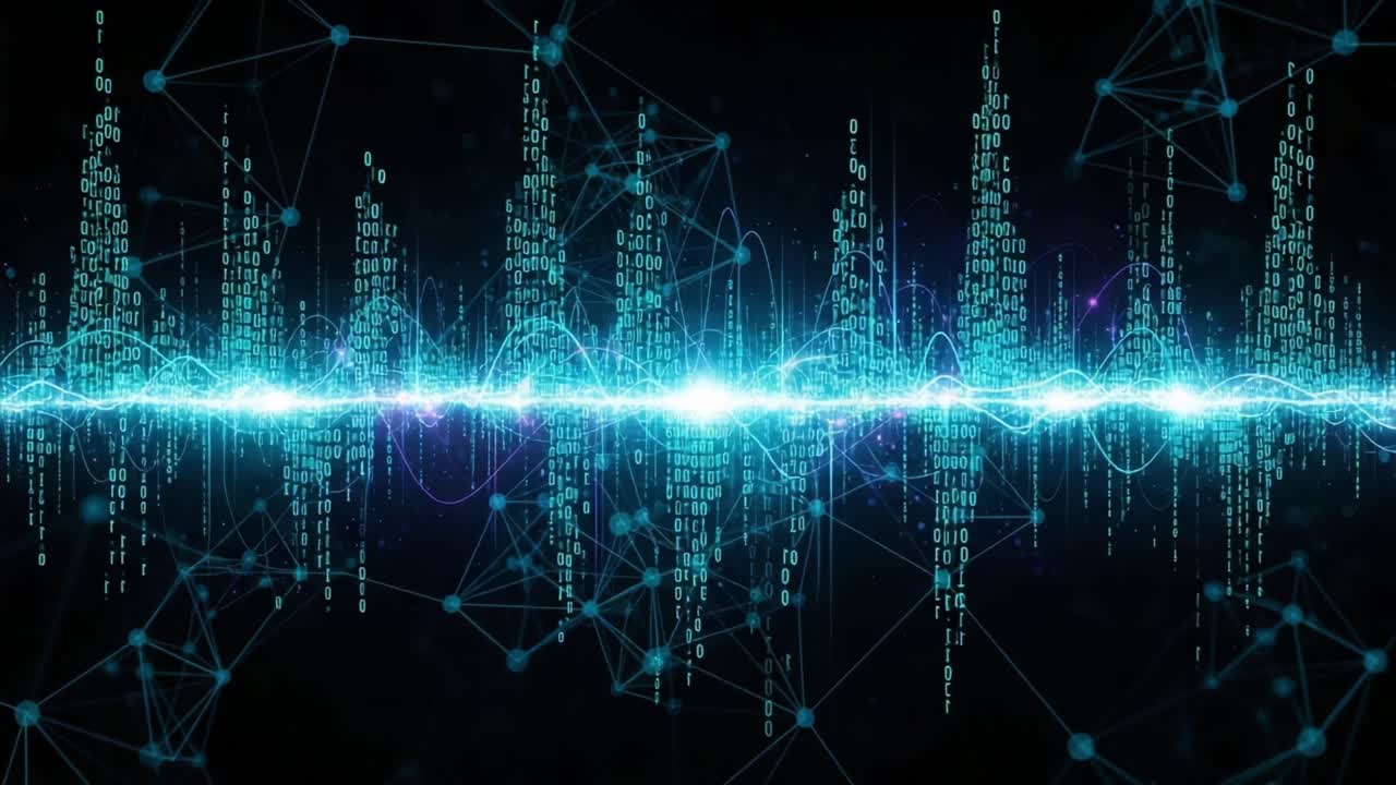 Visual Representation of Data Waves and Network Connections Illustrating the Interplay Between Digital Information and Communication Technology in a Futuristic Context