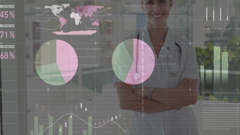 animación de procesamiento de datos sobre feliz médico mujer caucásica