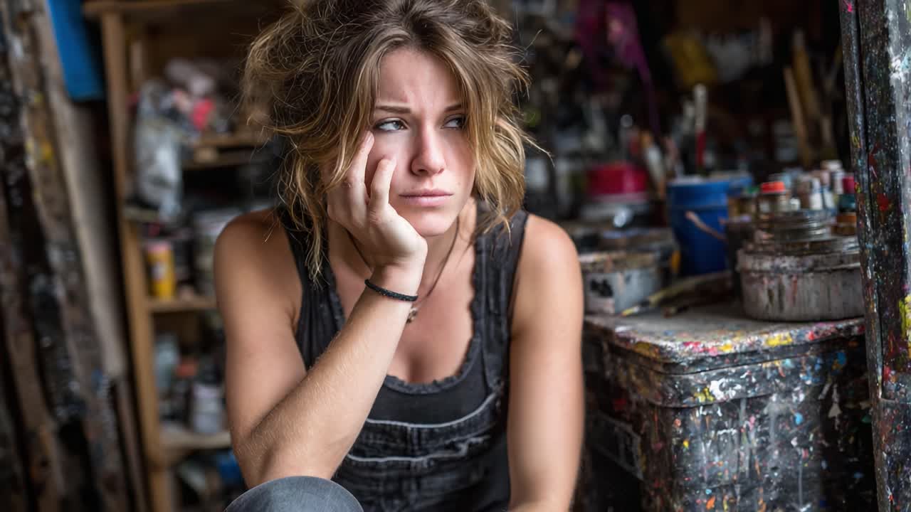 Contemplative Artist in Studio: A Deep Reflection on Creativity and Expression Amidst a Colorful Chaotic Environment