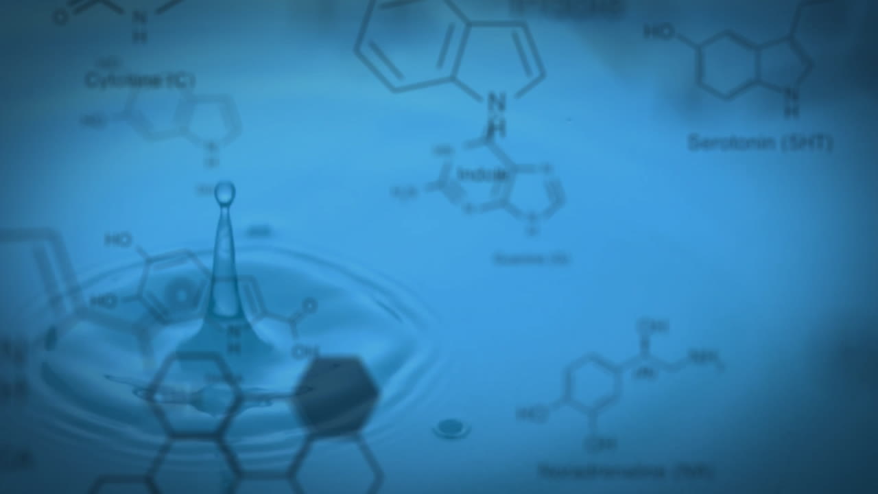 Animation of molecule structures over water drops falling in water against blue background