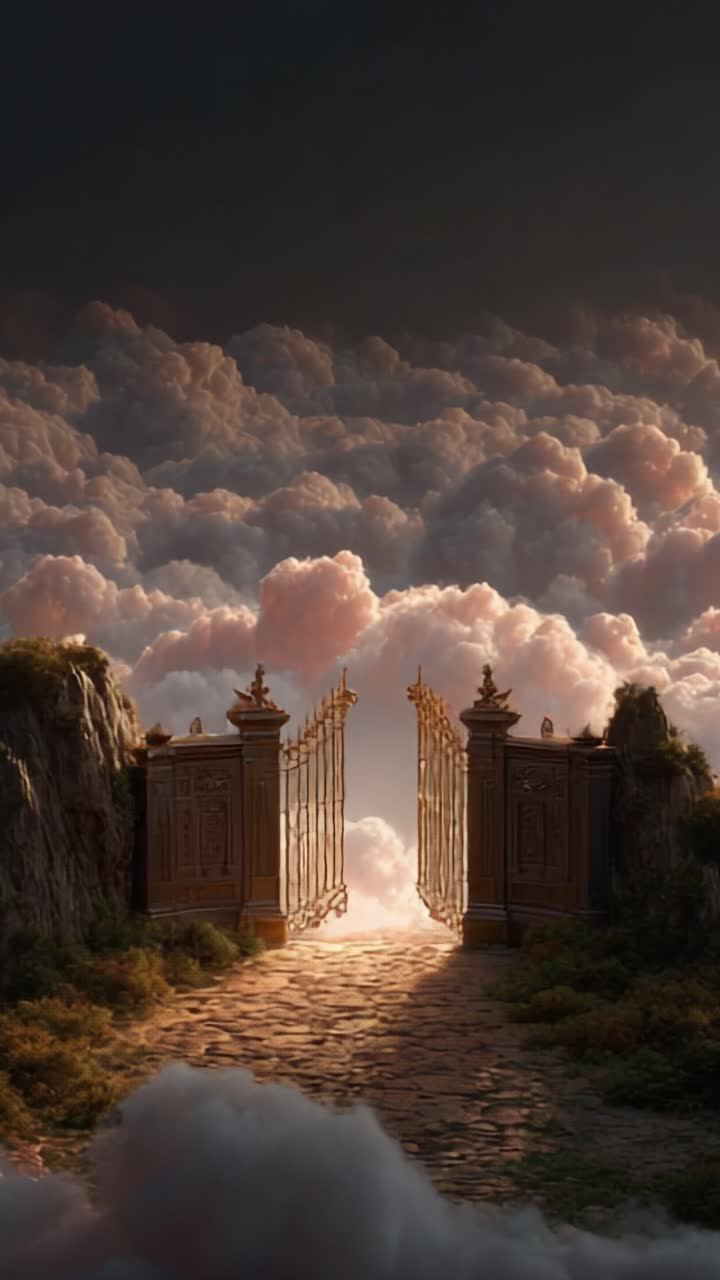 A Dreamlike Gateway Opens to a World Beyond, Surrounded by Soft Clouds and Ethereal Light, Inviting Exploration and Imagination in a Serene Landscape