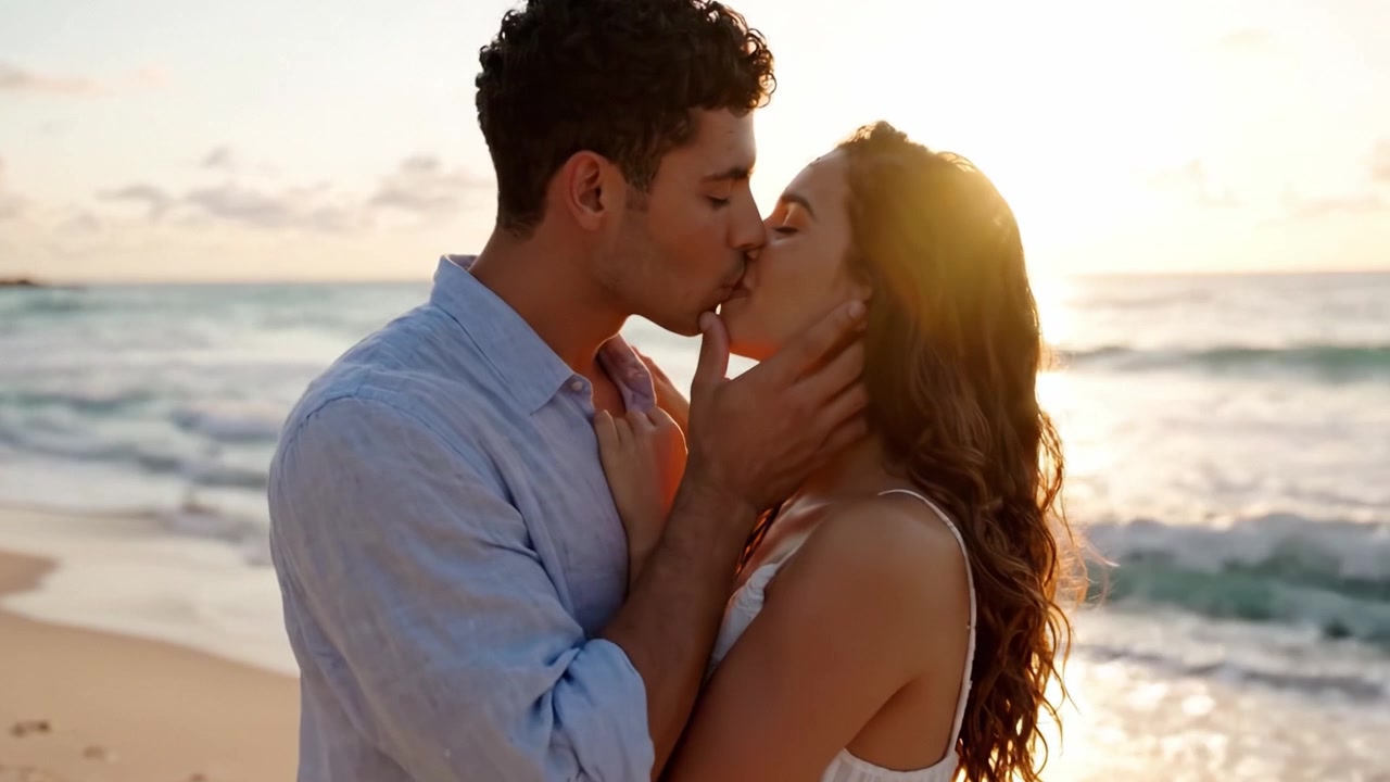A Romantic Sunset Embrace: Capturing the Intimate Connection Between Two Lovers on a Serene Beach During the Golden Hour