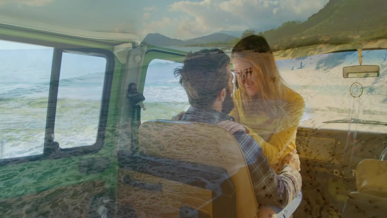 Pareja en furgoneta retro, mujer inclinada hablando y secándose la cara, hombre reconfortándola, con una superposición del océano, viaje.
