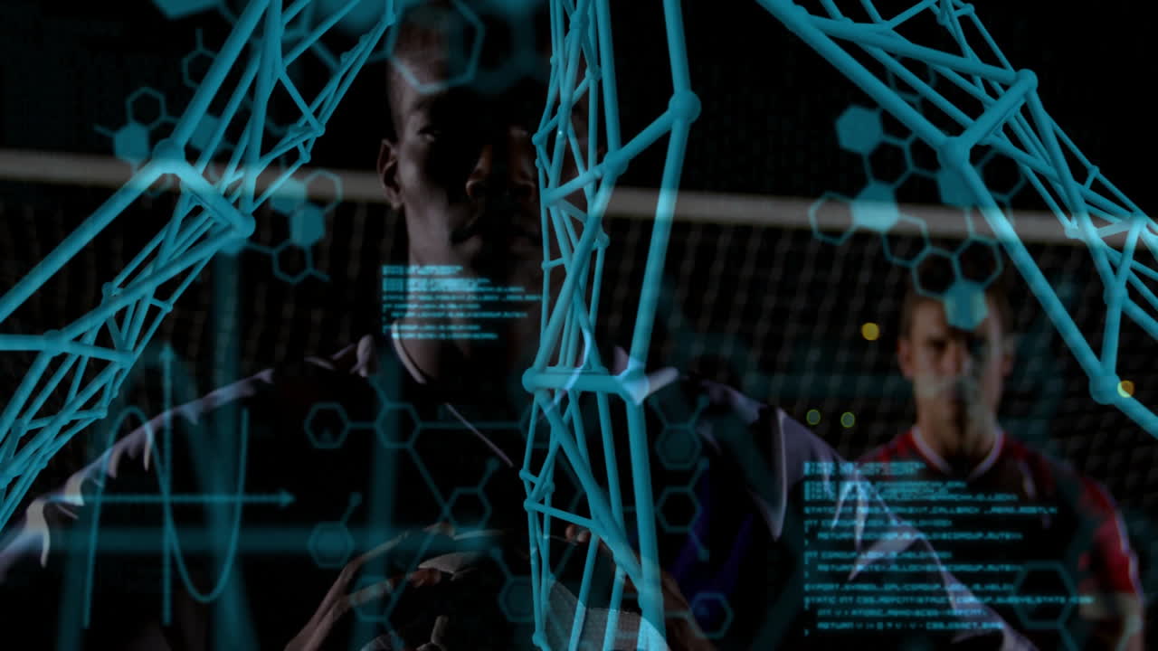 Futuristic data and network animation over soccer players on field