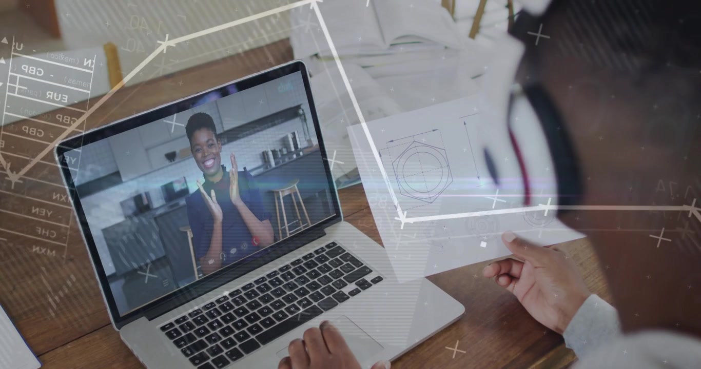 Man with headset following remote host gesturing, showing diagram for tech, AR overlays sweeping