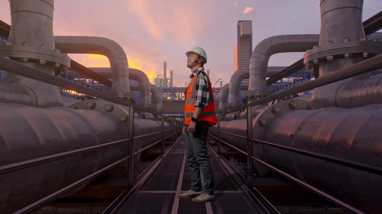Helkropsbillede fra siden af en asiatisk mandlig ingeniør med sikkerhedshjelm, der ser sig omkring, mens han står. Industriel rørledningsnetværk ved solnedgang.