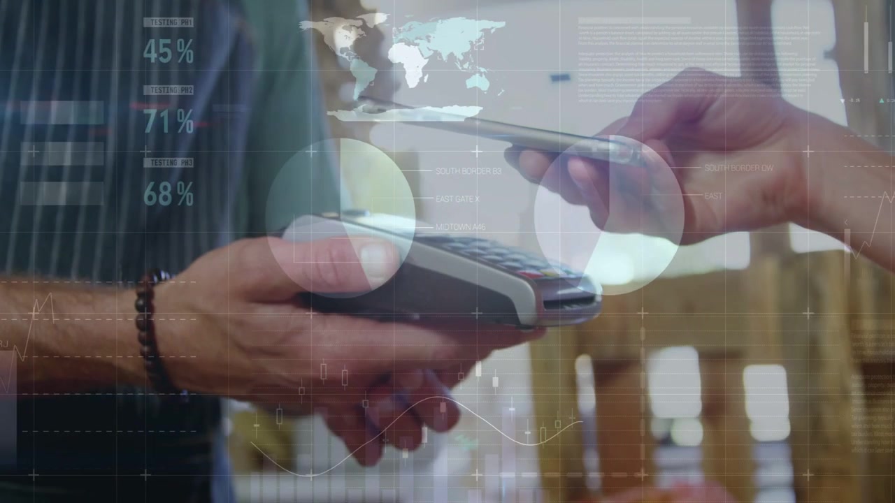 Vendor holding POS and buyer tapping phone at cafe, starting payment and finance graphs overlaying