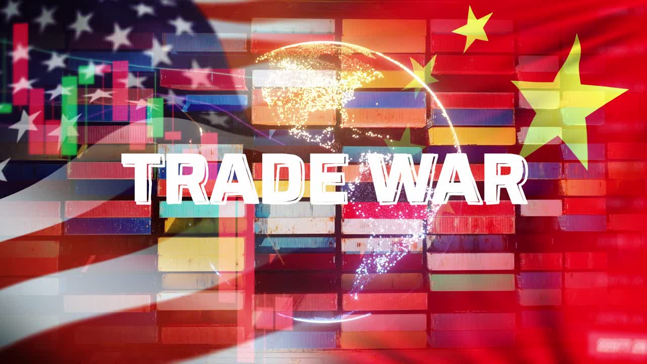 US and China flags overlay world map, shipping port in animated trade war shot