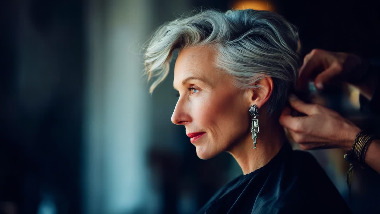 A graceful transformation: Capturing the elegance of a mature woman styling her short, silver hair, adorned with stunning earrings, highlighting beauty at any age