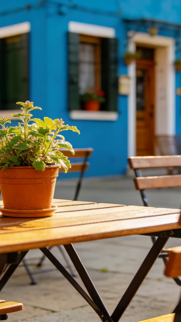 Video verticale: Telecamera che panoramica mostrando una pianta in vaso di terracotta su un tavolo da caffè, rivelando dettagli della facciata.