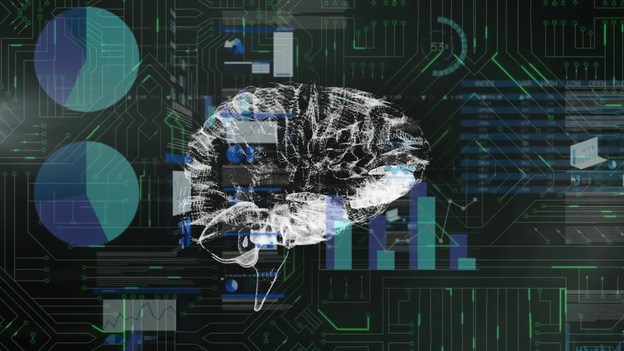 Animation of digital screen with data, graphs and brain